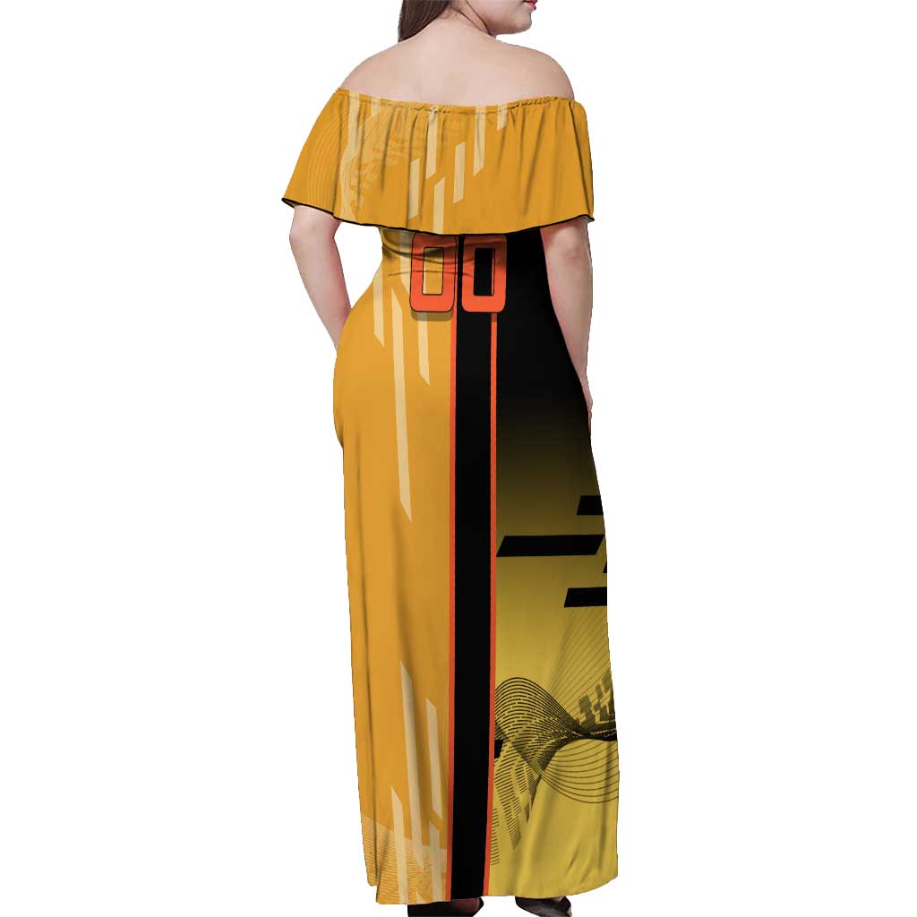 Personalized Rengoku Anime Badminton Theme Off Shoulder Maxi Dress with Racket Action Pose and Fiery Yellow Black Graphic Design - The Mazicc