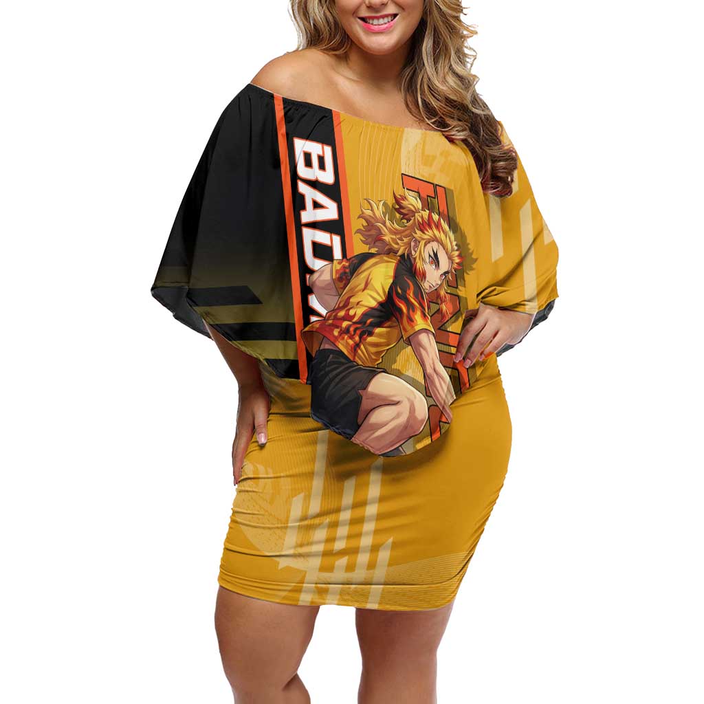 Personalized Rengoku Anime Badminton Theme Off Shoulder Short Dress with Racket Action Pose and Fiery Yellow Black Graphic Design - The Mazicc