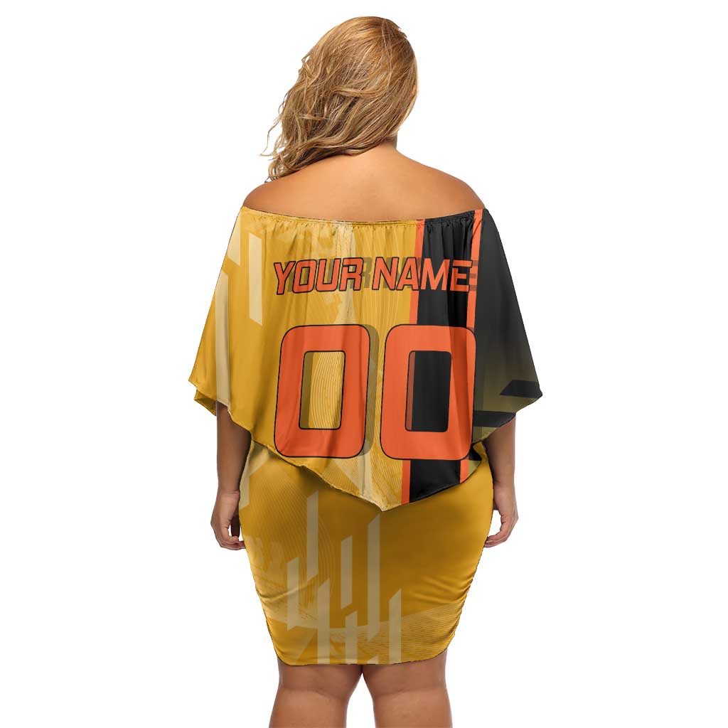 Personalized Rengoku Anime Badminton Theme Off Shoulder Short Dress with Racket Action Pose and Fiery Yellow Black Graphic Design - The Mazicc