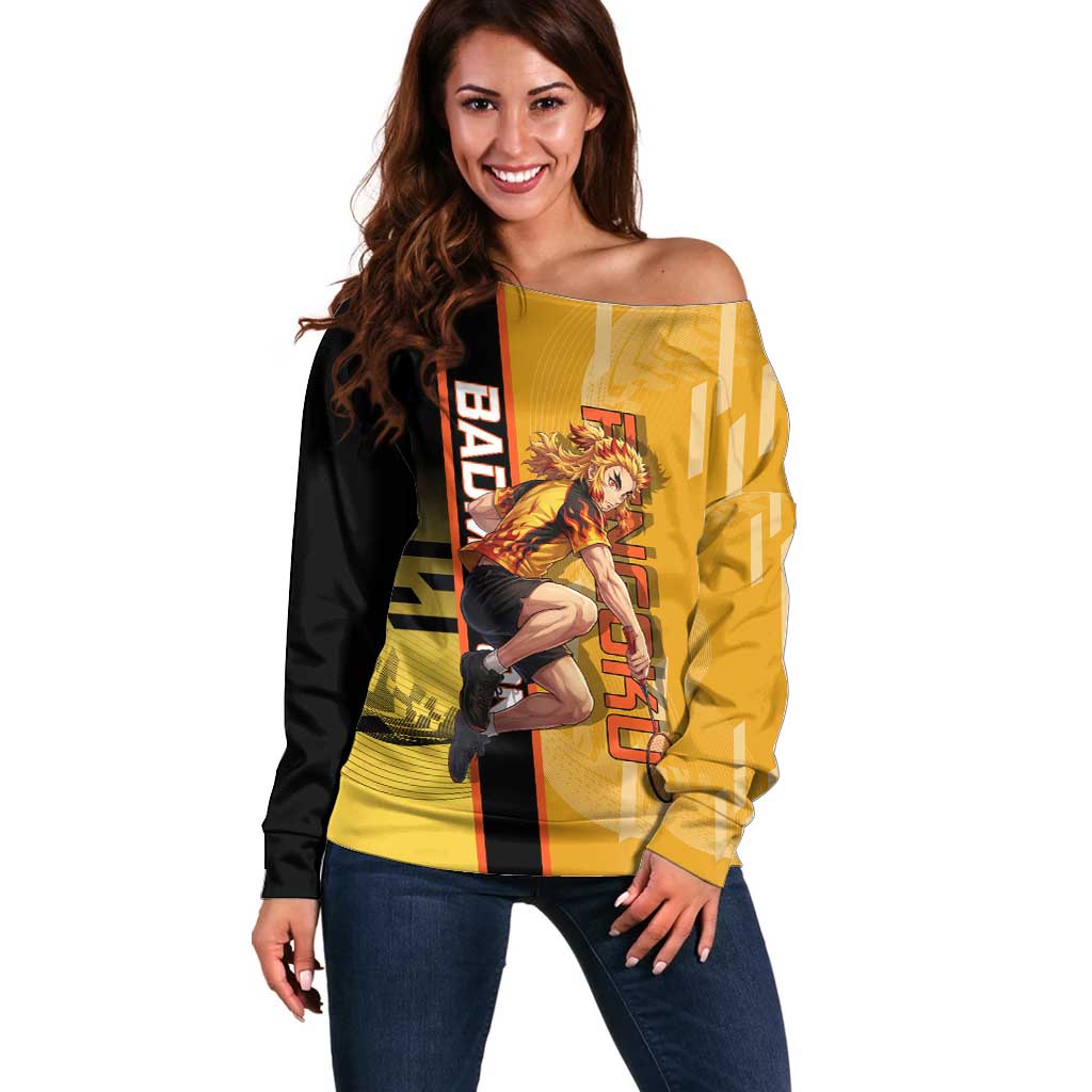 Personalized Rengoku Anime Badminton Theme Off Shoulder Sweater with Racket Action Pose and Fiery Yellow Black Graphic Design - The Mazicc