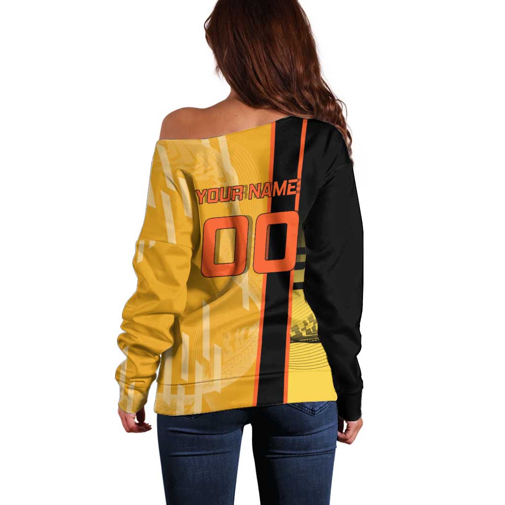 Personalized Rengoku Anime Badminton Theme Off Shoulder Sweater with Racket Action Pose and Fiery Yellow Black Graphic Design - The Mazicc