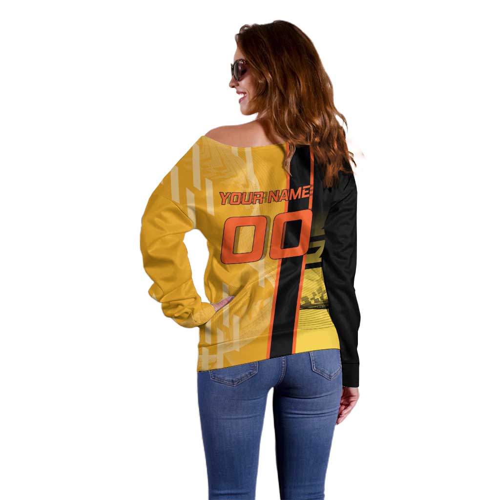 Personalized Rengoku Anime Badminton Theme Off Shoulder Sweater with Racket Action Pose and Fiery Yellow Black Graphic Design - The Mazicc
