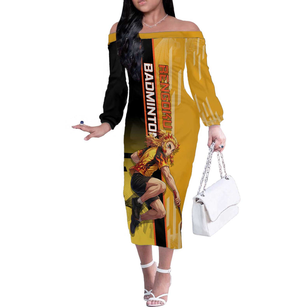 Personalized Rengoku Anime Badminton Theme Off The Shoulder Long Sleeve Dress with Racket Action Pose and Fiery Yellow Black Graphic Design - The Mazicc
