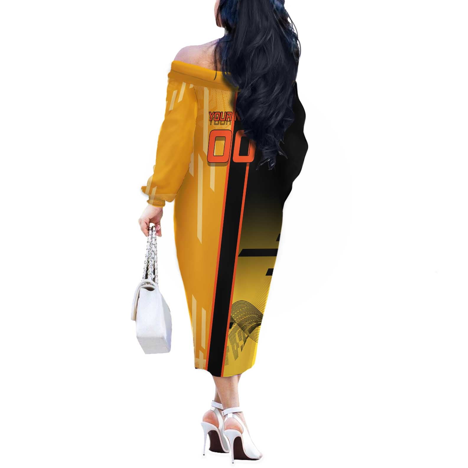 Personalized Rengoku Anime Badminton Theme Off The Shoulder Long Sleeve Dress with Racket Action Pose and Fiery Yellow Black Graphic Design - The Mazicc