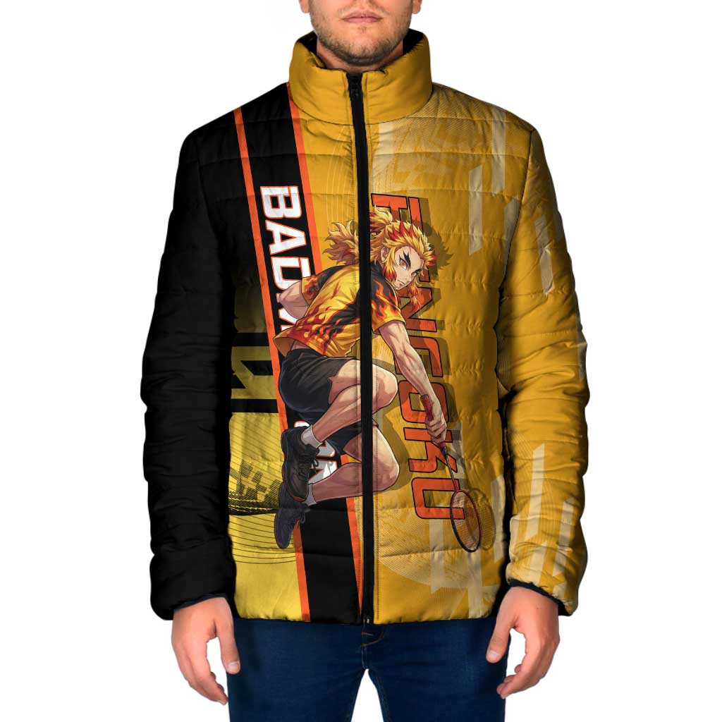 Personalized Rengoku Anime Badminton Theme Padded Jacket with Racket Action Pose and Fiery Yellow Black Graphic Design - The Mazicc