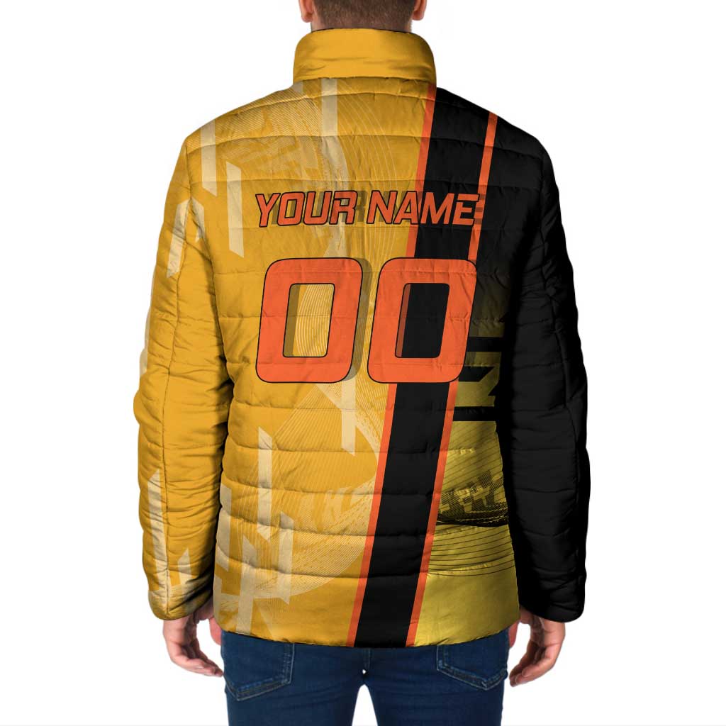 Personalized Rengoku Anime Badminton Theme Padded Jacket with Racket Action Pose and Fiery Yellow Black Graphic Design - The Mazicc