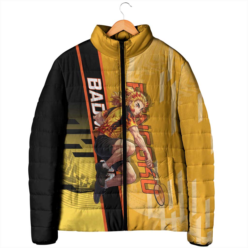 Personalized Rengoku Anime Badminton Theme Padded Jacket with Racket Action Pose and Fiery Yellow Black Graphic Design - The Mazicc