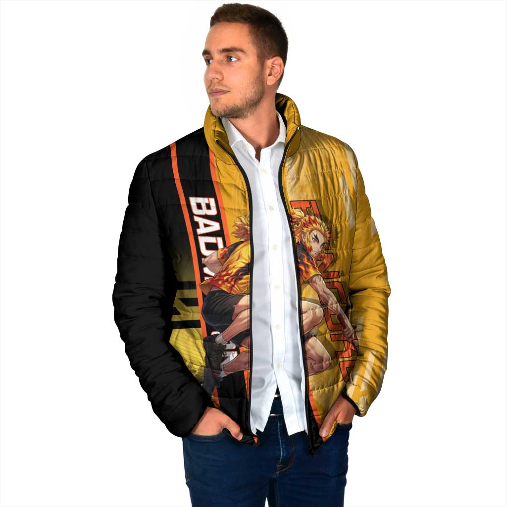 Personalized Rengoku Anime Badminton Theme Padded Jacket with Racket Action Pose and Fiery Yellow Black Graphic Design - The Mazicc