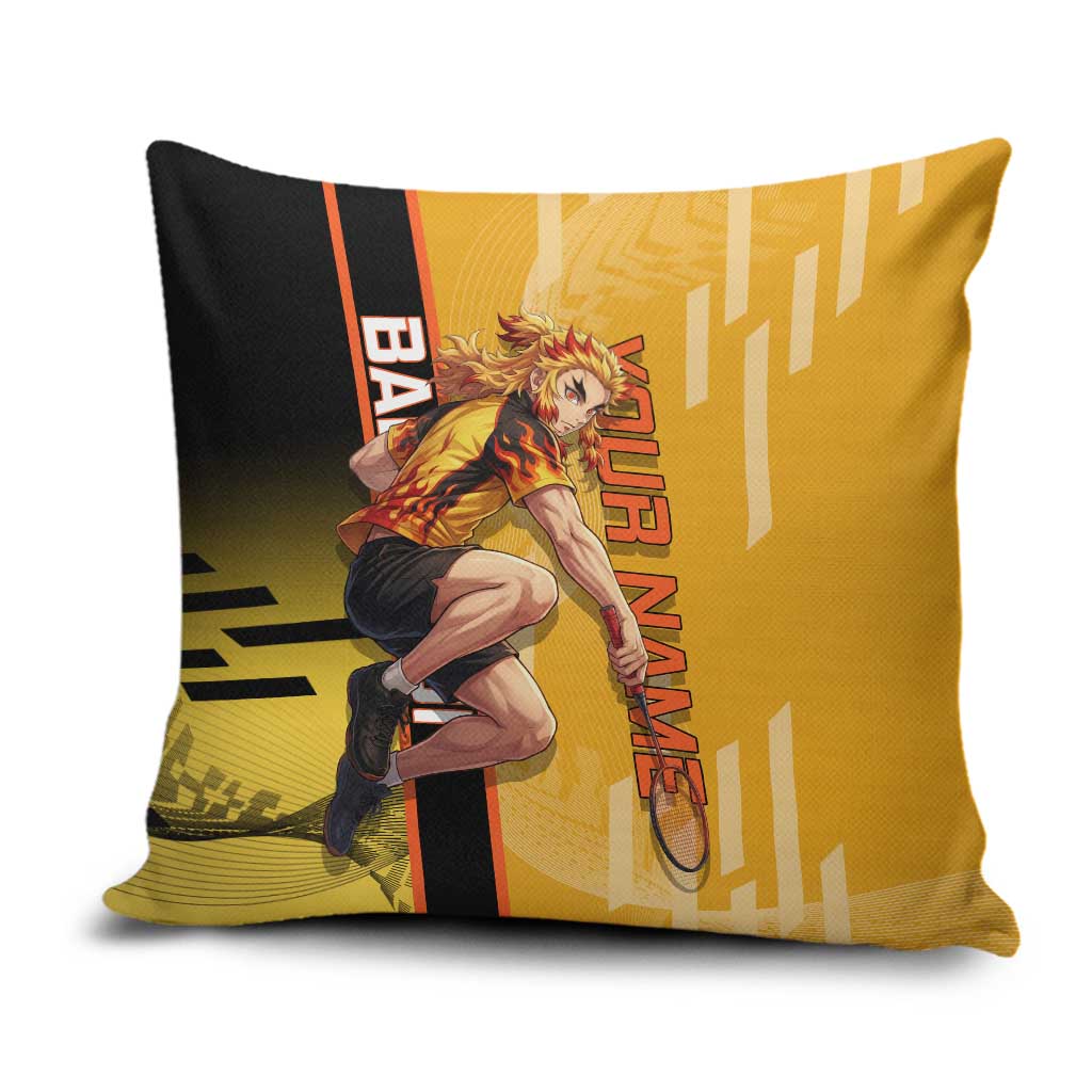 Personalized Rengoku Anime Badminton Theme Pillow Cover with Racket Action Pose and Fiery Yellow Black Graphic Design - The Mazicc