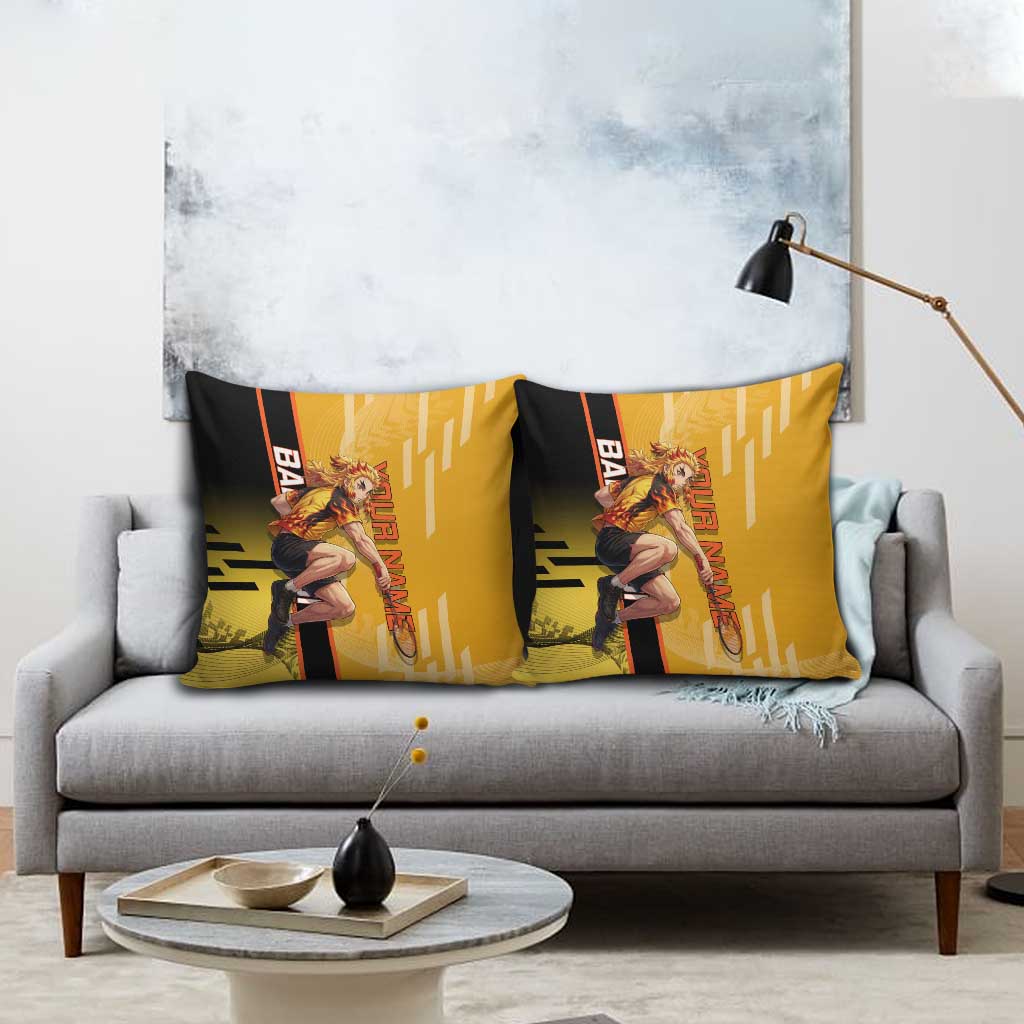 Personalized Rengoku Anime Badminton Theme Pillow Cover with Racket Action Pose and Fiery Yellow Black Graphic Design - The Mazicc