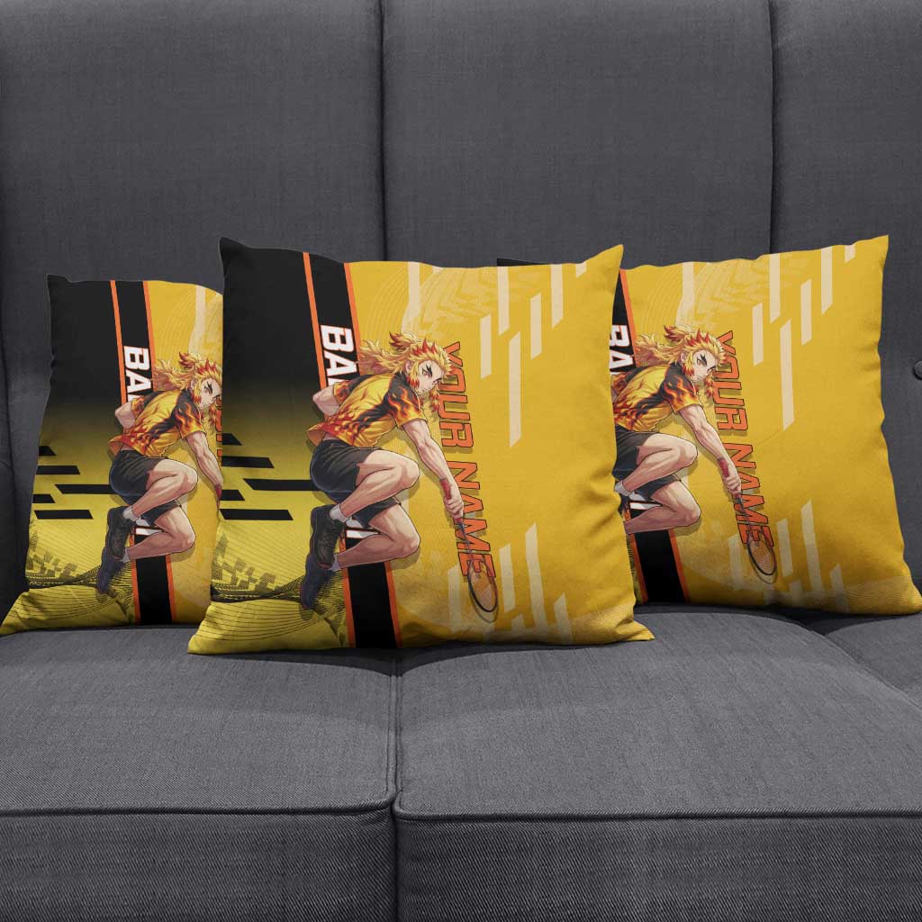Personalized Rengoku Anime Badminton Theme Pillow Cover with Racket Action Pose and Fiery Yellow Black Graphic Design - The Mazicc