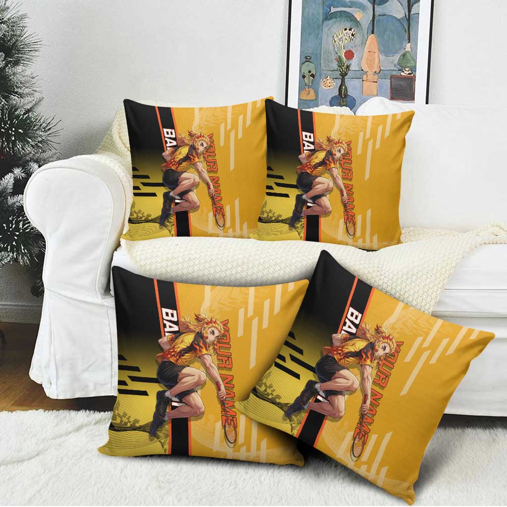 Personalized Rengoku Anime Badminton Theme Pillow Cover with Racket Action Pose and Fiery Yellow Black Graphic Design - The Mazicc
