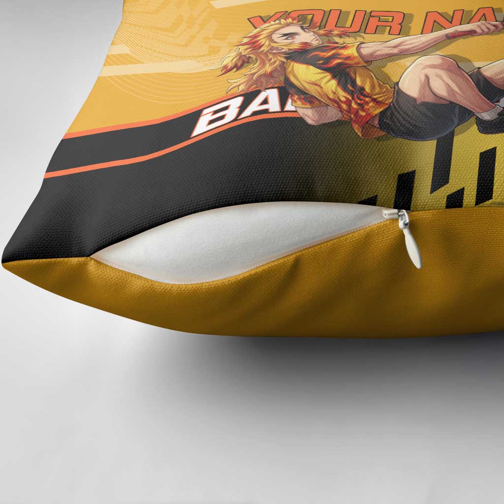 Personalized Rengoku Anime Badminton Theme Pillow Cover with Racket Action Pose and Fiery Yellow Black Graphic Design - The Mazicc