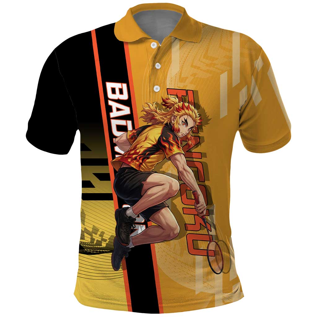 Personalized Rengoku Anime Badminton Theme Polo Shirt with Racket Action Pose and Fiery Yellow Black Graphic Design - The Mazicc