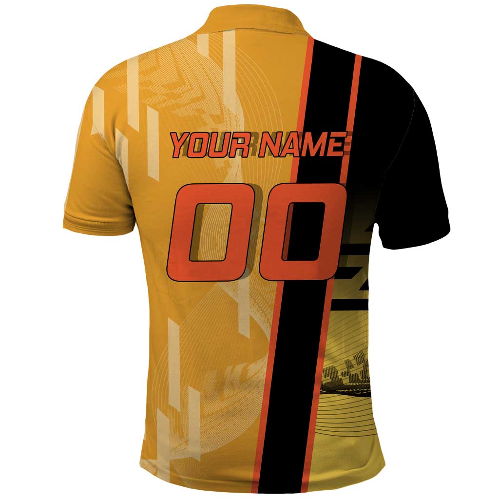 Personalized Rengoku Anime Badminton Theme Polo Shirt with Racket Action Pose and Fiery Yellow Black Graphic Design - The Mazicc