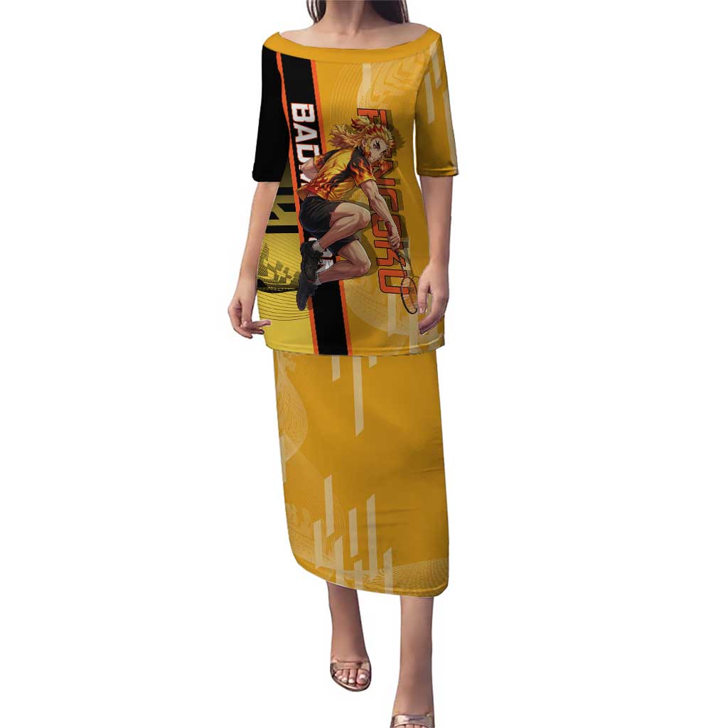 Personalized Rengoku Anime Badminton Theme Puletasi with Racket Action Pose and Fiery Yellow Black Graphic Design - The Mazicc