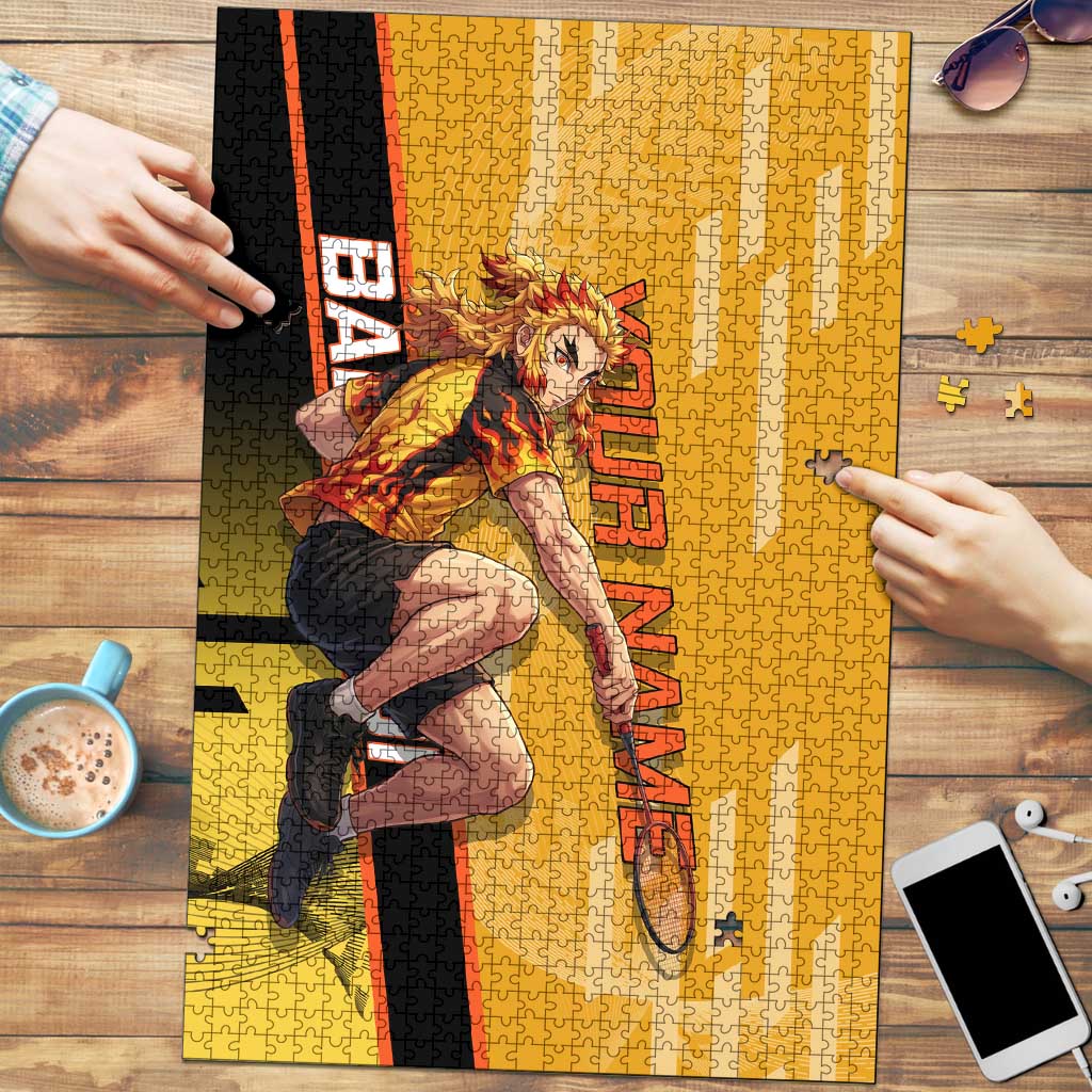 Personalized Rengoku Anime Badminton Theme Puzzle with Racket Action Pose and Fiery Yellow Black Graphic Design - The Mazicc