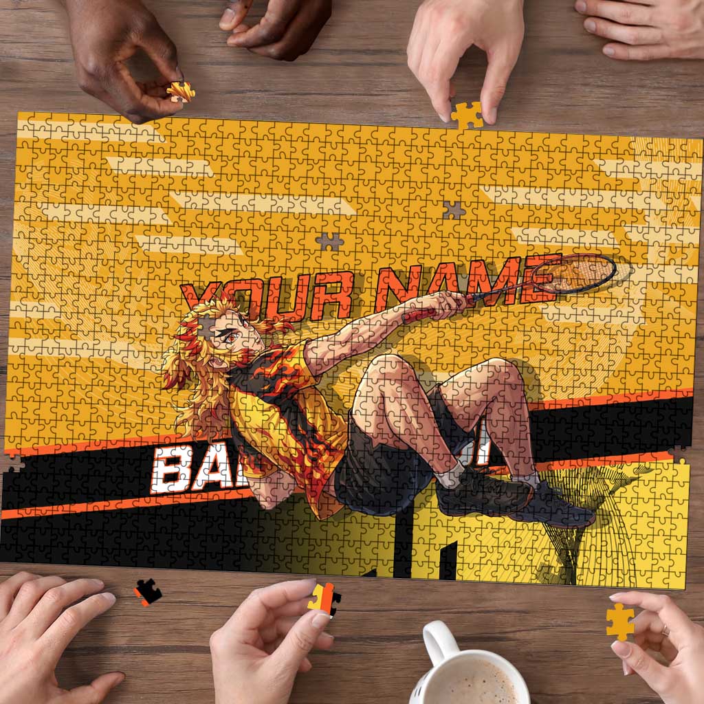 Personalized Rengoku Anime Badminton Theme Puzzle with Racket Action Pose and Fiery Yellow Black Graphic Design - The Mazicc