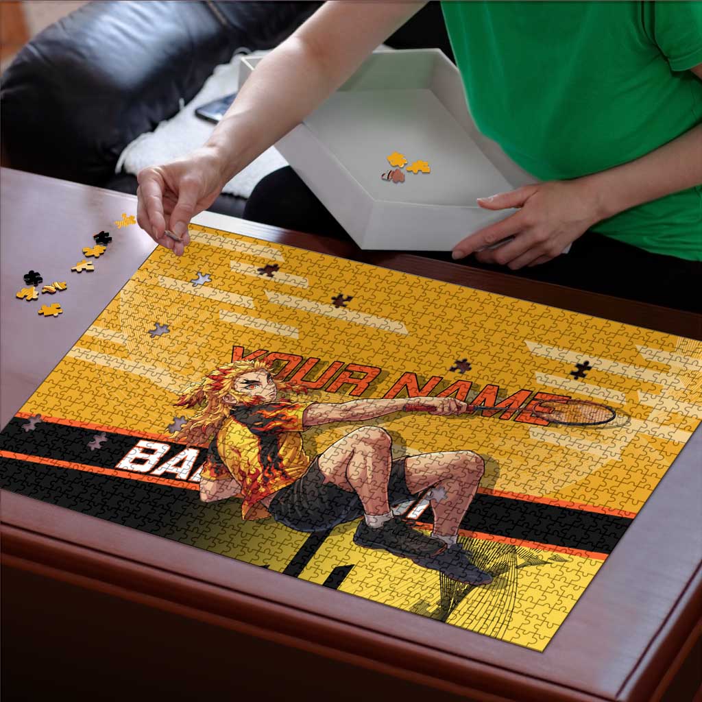 Personalized Rengoku Anime Badminton Theme Puzzle with Racket Action Pose and Fiery Yellow Black Graphic Design - The Mazicc