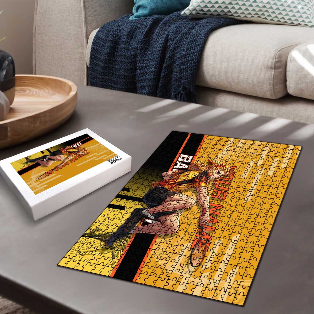 Personalized Rengoku Anime Badminton Theme Puzzle with Racket Action Pose and Fiery Yellow Black Graphic Design - The Mazicc