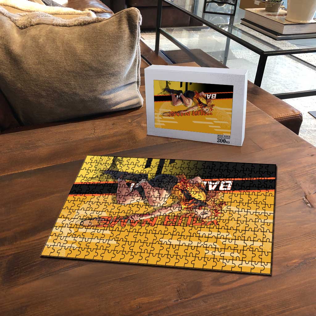 Personalized Rengoku Anime Badminton Theme Puzzle with Racket Action Pose and Fiery Yellow Black Graphic Design - The Mazicc