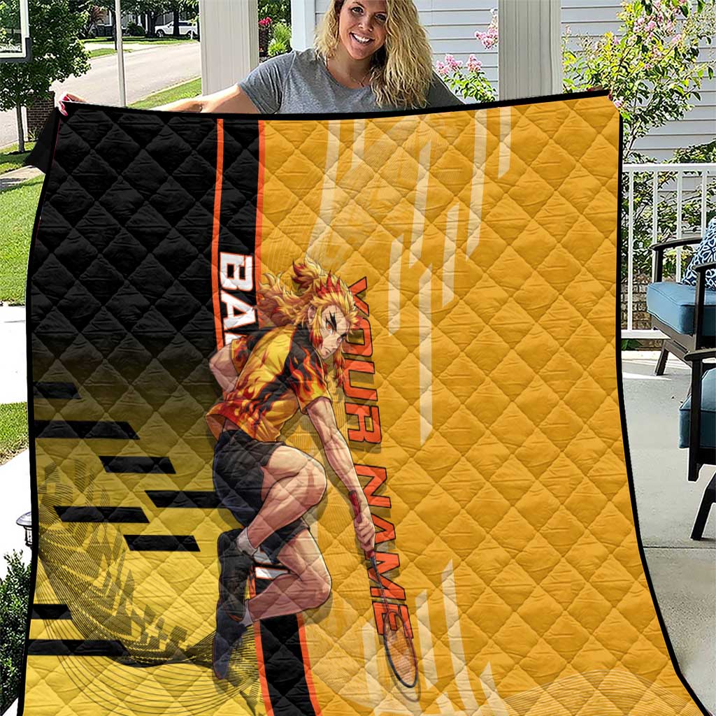 Personalized Rengoku Anime Badminton Theme Quilt with Racket Action Pose and Fiery Yellow Black Graphic Design - The Mazicc
