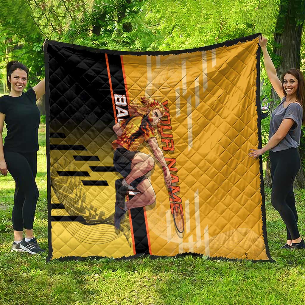 Personalized Rengoku Anime Badminton Theme Quilt with Racket Action Pose and Fiery Yellow Black Graphic Design - The Mazicc