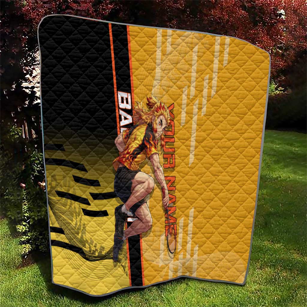 Personalized Rengoku Anime Badminton Theme Quilt with Racket Action Pose and Fiery Yellow Black Graphic Design - The Mazicc