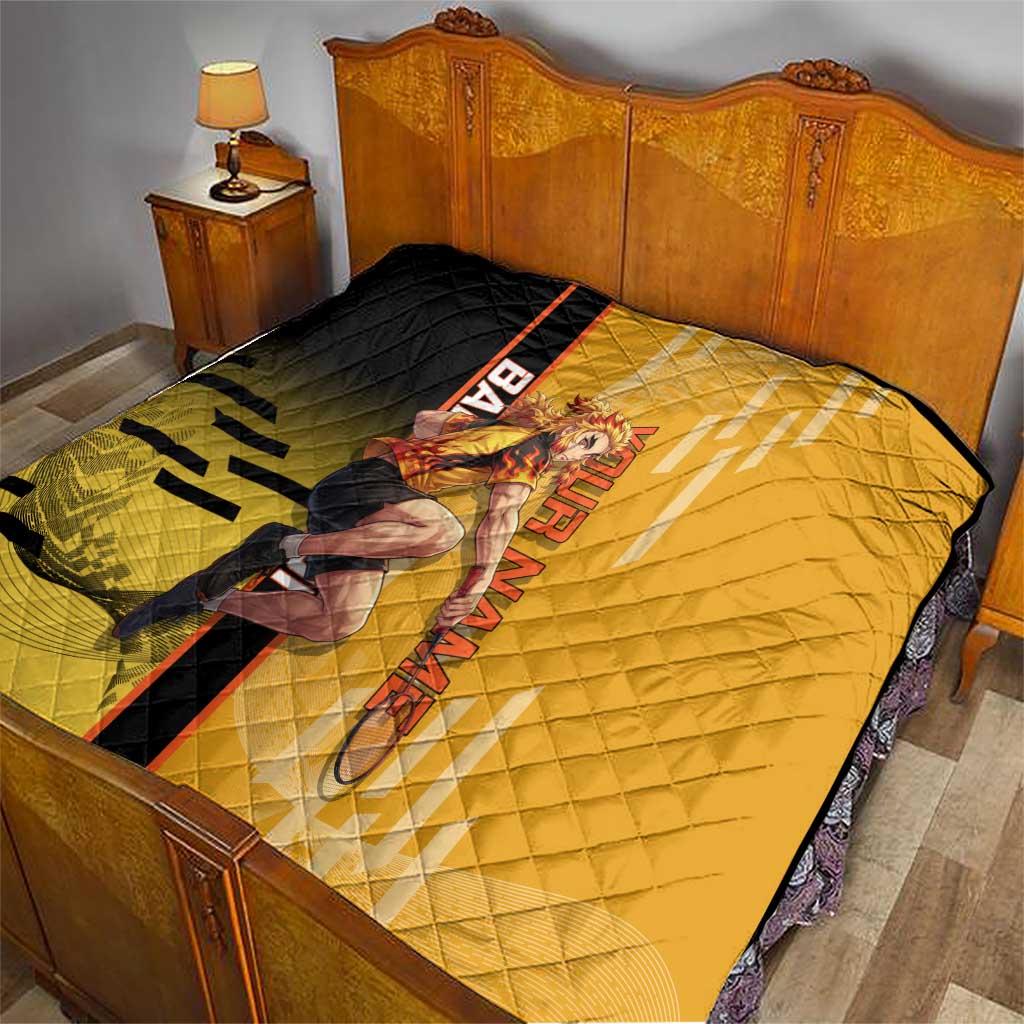 Personalized Rengoku Anime Badminton Theme Quilt with Racket Action Pose and Fiery Yellow Black Graphic Design - The Mazicc