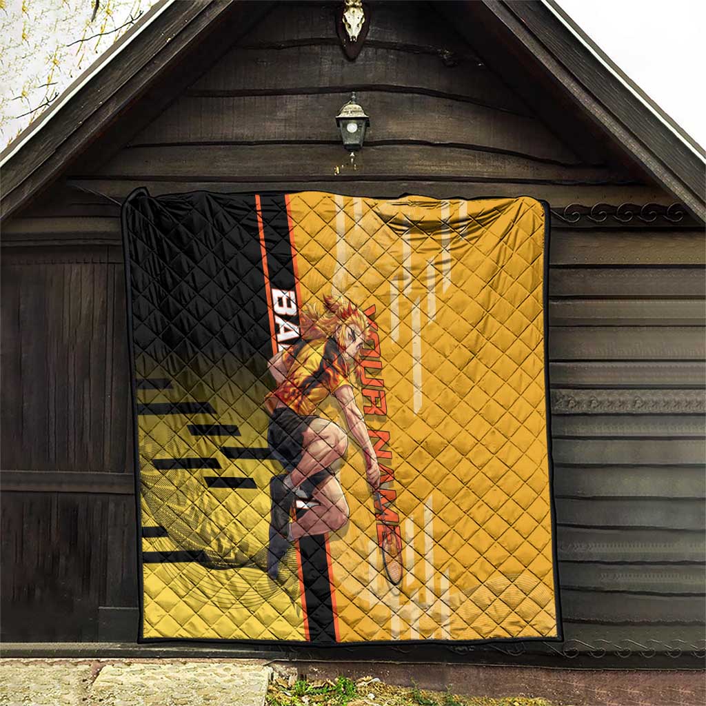 Personalized Rengoku Anime Badminton Theme Quilt with Racket Action Pose and Fiery Yellow Black Graphic Design - The Mazicc