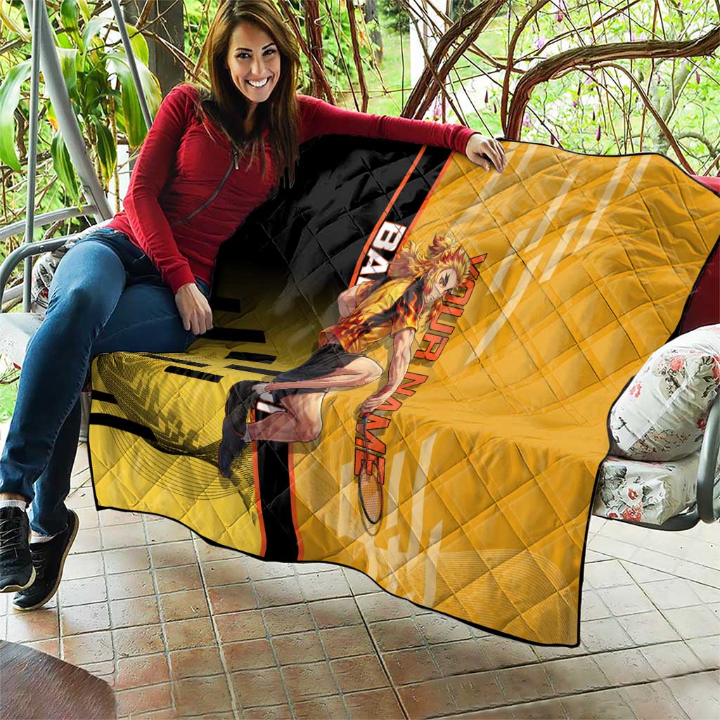 Personalized Rengoku Anime Badminton Theme Quilt with Racket Action Pose and Fiery Yellow Black Graphic Design - The Mazicc