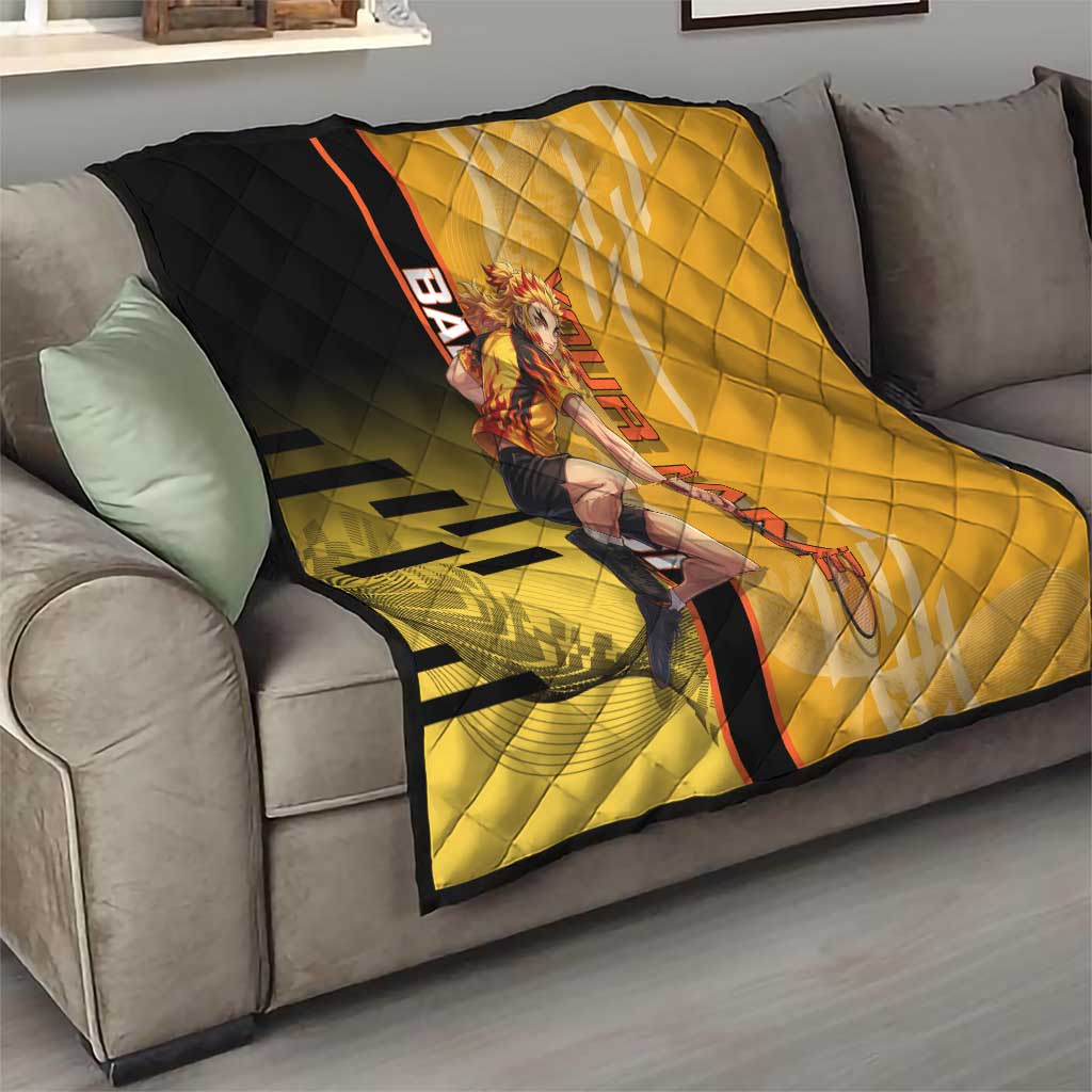 Personalized Rengoku Anime Badminton Theme Quilt with Racket Action Pose and Fiery Yellow Black Graphic Design - The Mazicc