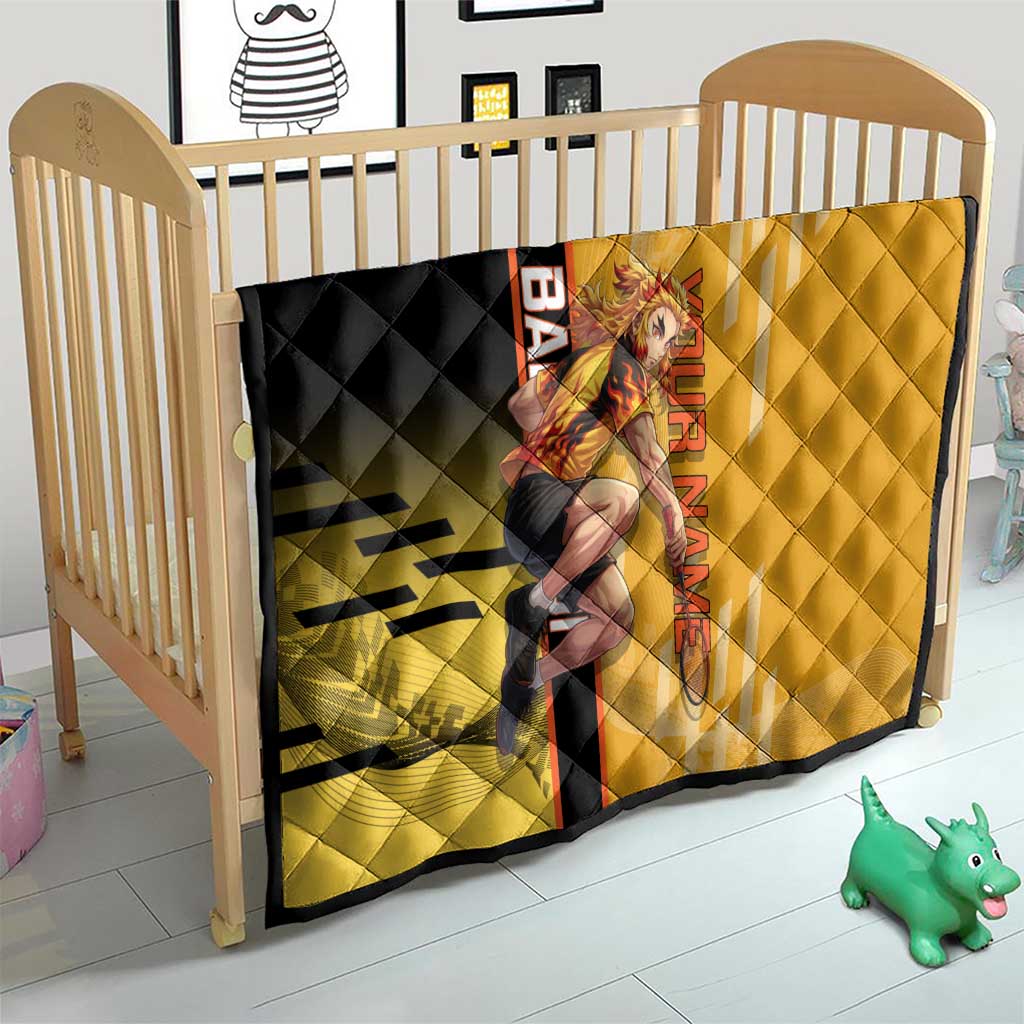 Personalized Rengoku Anime Badminton Theme Quilt with Racket Action Pose and Fiery Yellow Black Graphic Design - The Mazicc