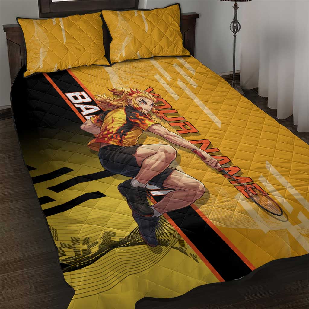 Personalized Rengoku Anime Badminton Theme Quilt Bed Set with Racket Action Pose and Fiery Yellow Black Graphic Design - The Mazicc
