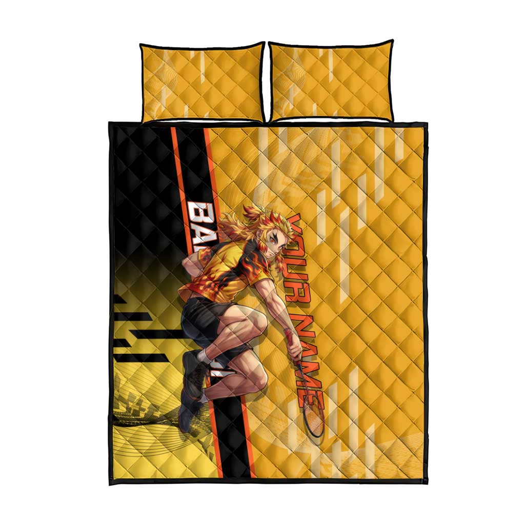 Personalized Rengoku Anime Badminton Theme Quilt Bed Set with Racket Action Pose and Fiery Yellow Black Graphic Design - The Mazicc