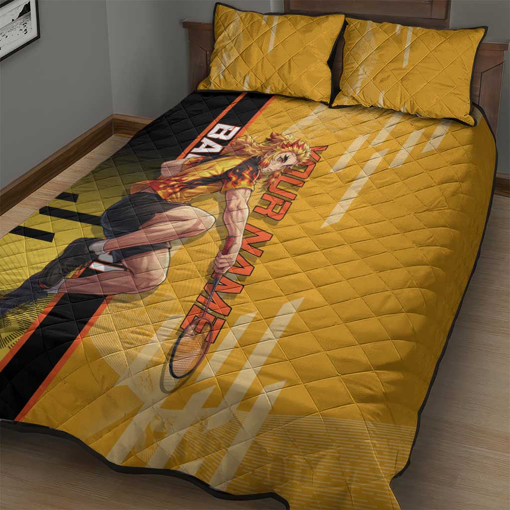 Personalized Rengoku Anime Badminton Theme Quilt Bed Set with Racket Action Pose and Fiery Yellow Black Graphic Design - The Mazicc