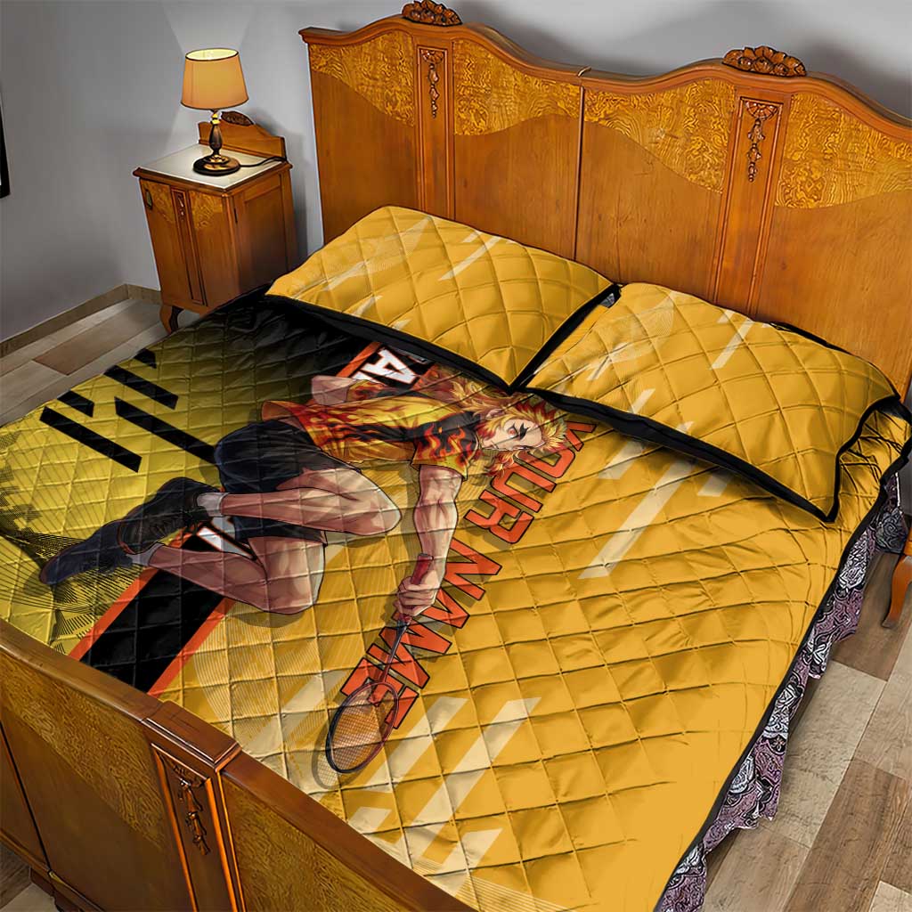 Personalized Rengoku Anime Badminton Theme Quilt Bed Set with Racket Action Pose and Fiery Yellow Black Graphic Design - The Mazicc