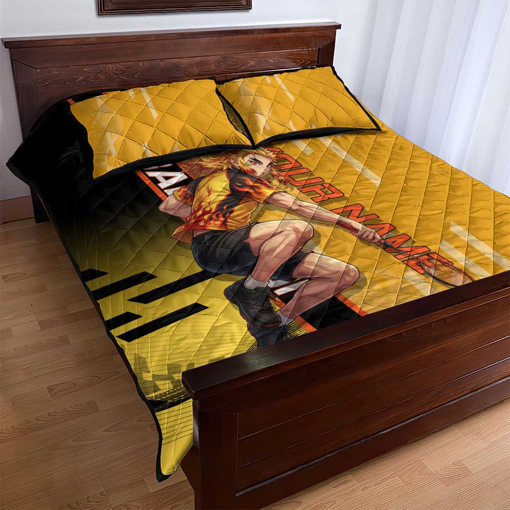 Personalized Rengoku Anime Badminton Theme Quilt Bed Set with Racket Action Pose and Fiery Yellow Black Graphic Design - The Mazicc