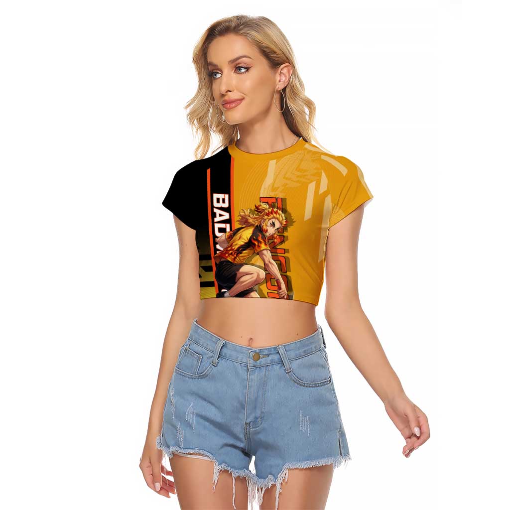 Personalized Rengoku Anime Badminton Theme Raglan Cropped T Shirt with Racket Action Pose and Fiery Yellow Black Graphic Design - The Mazicc
