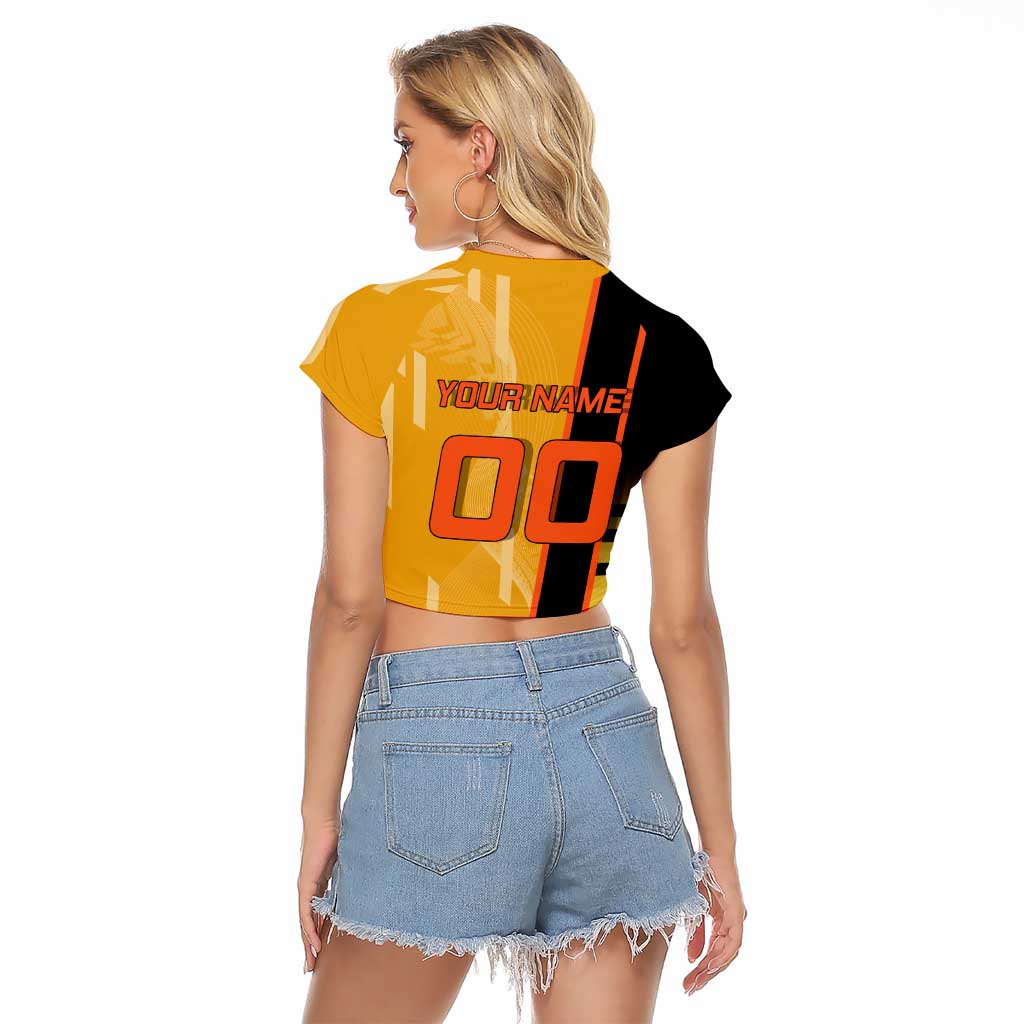 Personalized Rengoku Anime Badminton Theme Raglan Cropped T Shirt with Racket Action Pose and Fiery Yellow Black Graphic Design - The Mazicc