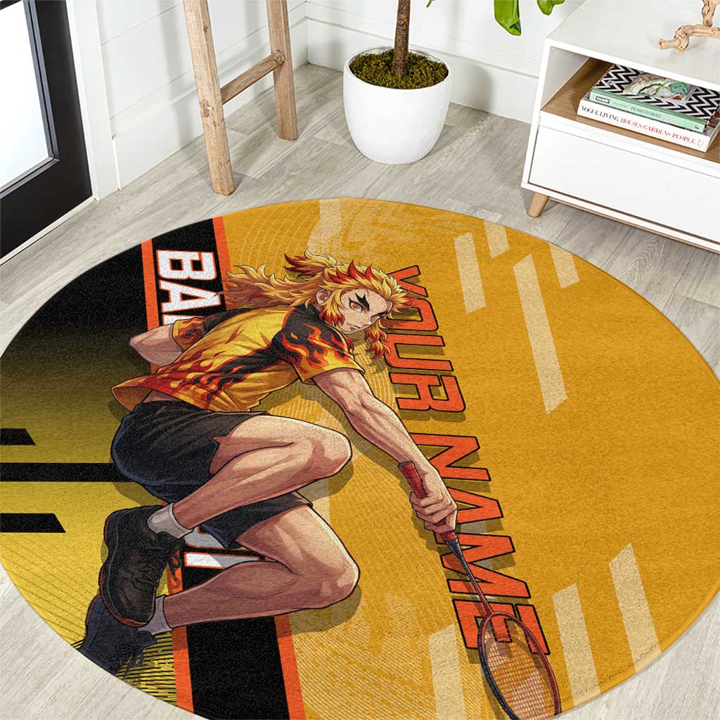 Personalized Rengoku Anime Badminton Theme Round Carpet with Racket Action Pose and Fiery Yellow Black Graphic Design - The Mazicc