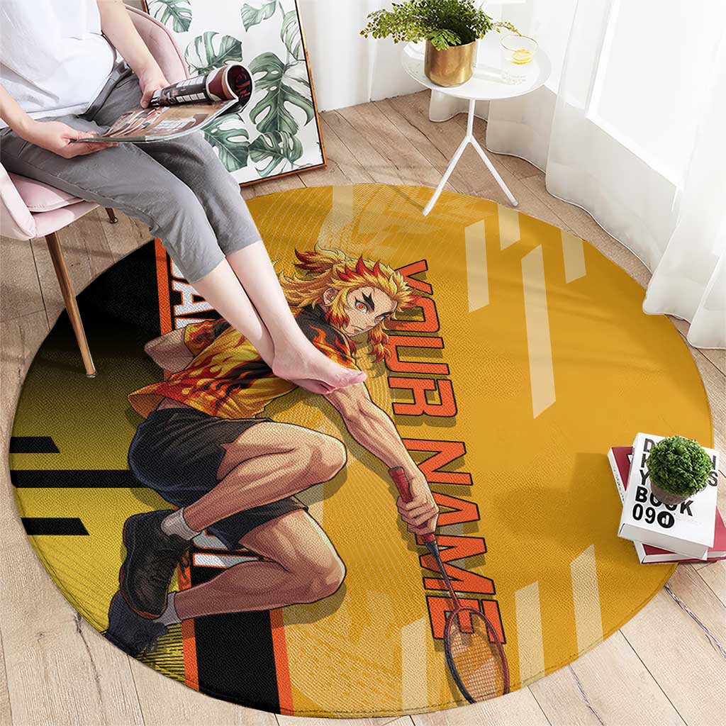 Personalized Rengoku Anime Badminton Theme Round Carpet with Racket Action Pose and Fiery Yellow Black Graphic Design - The Mazicc