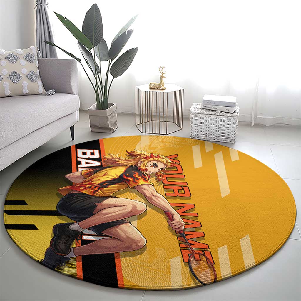 Personalized Rengoku Anime Badminton Theme Round Carpet with Racket Action Pose and Fiery Yellow Black Graphic Design - The Mazicc