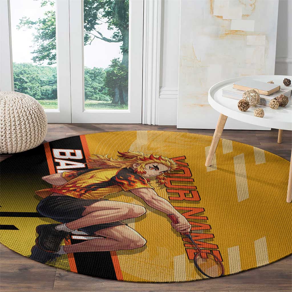 Personalized Rengoku Anime Badminton Theme Round Carpet with Racket Action Pose and Fiery Yellow Black Graphic Design - The Mazicc