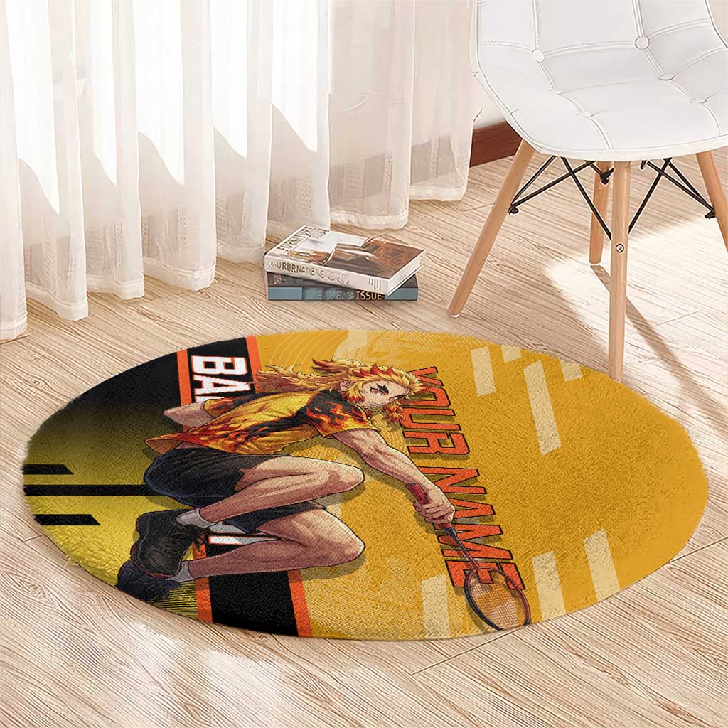 Personalized Rengoku Anime Badminton Theme Round Carpet with Racket Action Pose and Fiery Yellow Black Graphic Design - The Mazicc