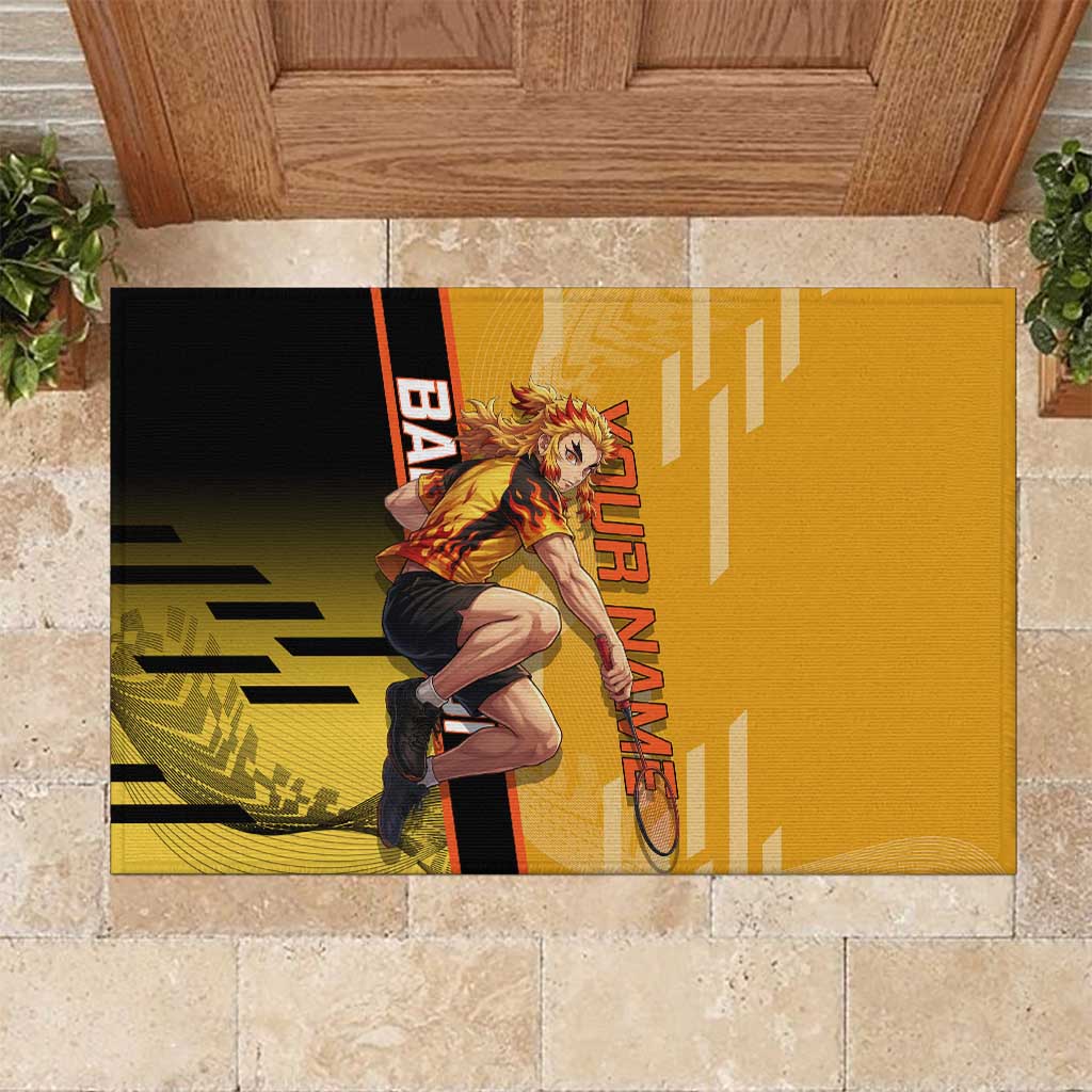 Personalized Rengoku Anime Badminton Theme Rubber Doormat with Racket Action Pose and Fiery Yellow Black Graphic Design - The Mazicc