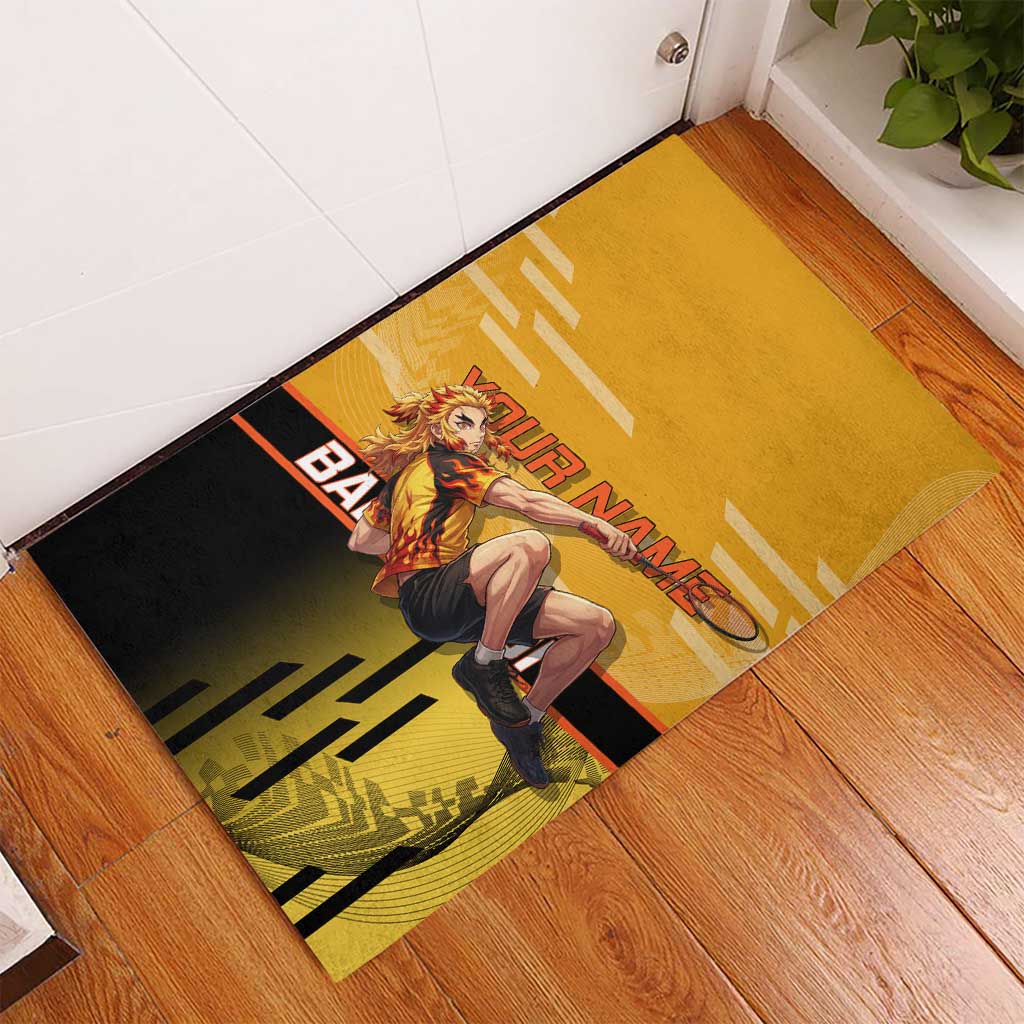Personalized Rengoku Anime Badminton Theme Rubber Doormat with Racket Action Pose and Fiery Yellow Black Graphic Design - The Mazicc