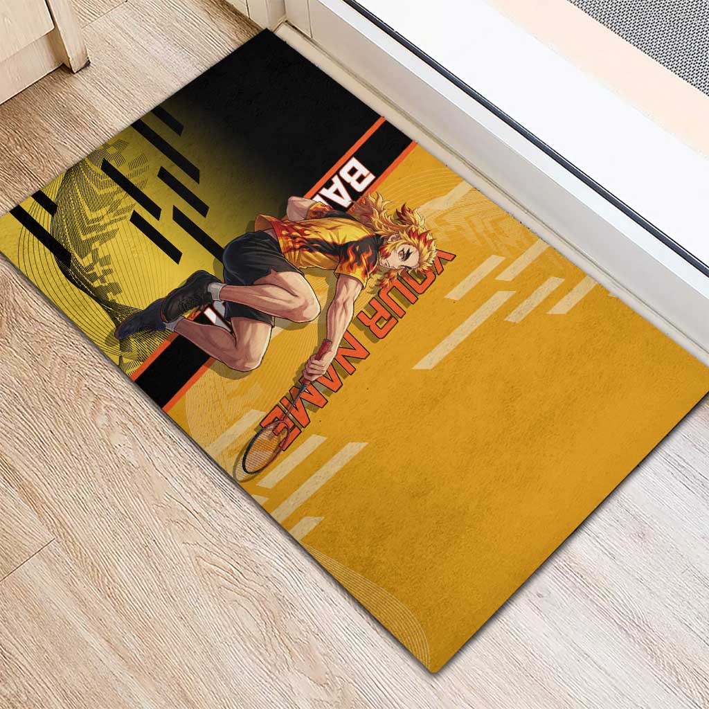 Personalized Rengoku Anime Badminton Theme Rubber Doormat with Racket Action Pose and Fiery Yellow Black Graphic Design - The Mazicc