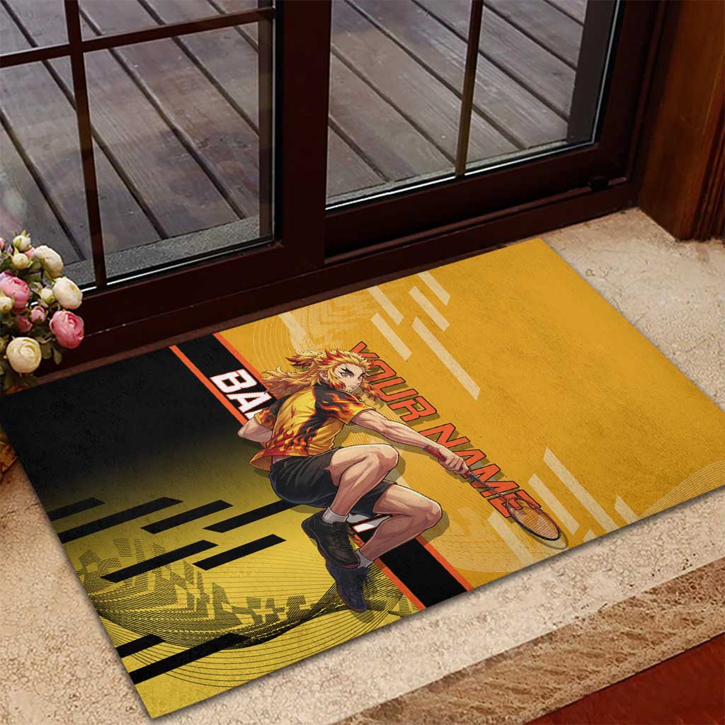 Personalized Rengoku Anime Badminton Theme Rubber Doormat with Racket Action Pose and Fiery Yellow Black Graphic Design - The Mazicc