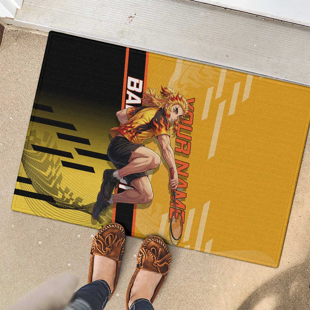 Personalized Rengoku Anime Badminton Theme Rubber Doormat with Racket Action Pose and Fiery Yellow Black Graphic Design - The Mazicc
